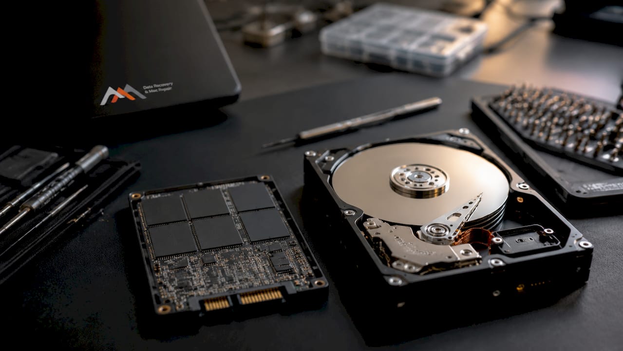 Opened HDD next to exposed SSD circuit board