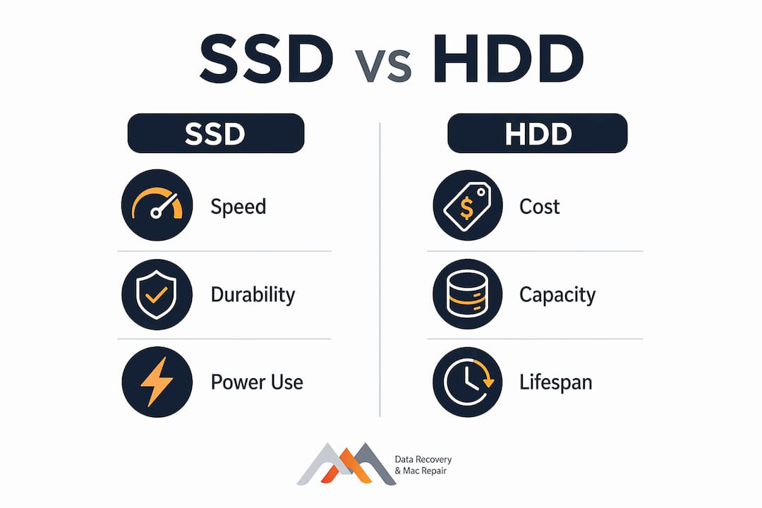 Infographic comparing SSD and HDD features