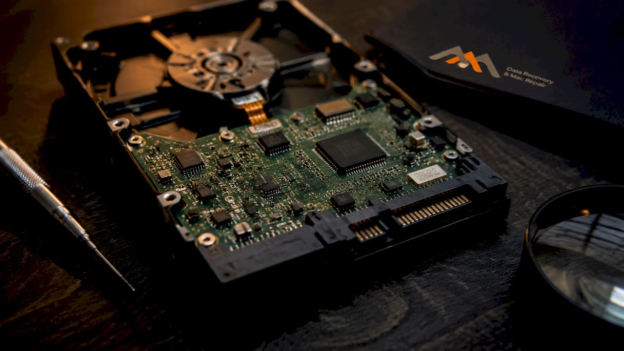 Macro of disassembled hard drive circuit board