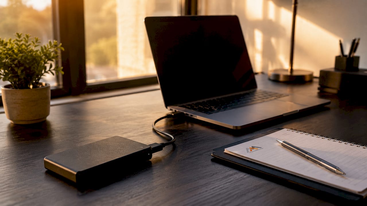 Hard drive connected to laptop on home desk