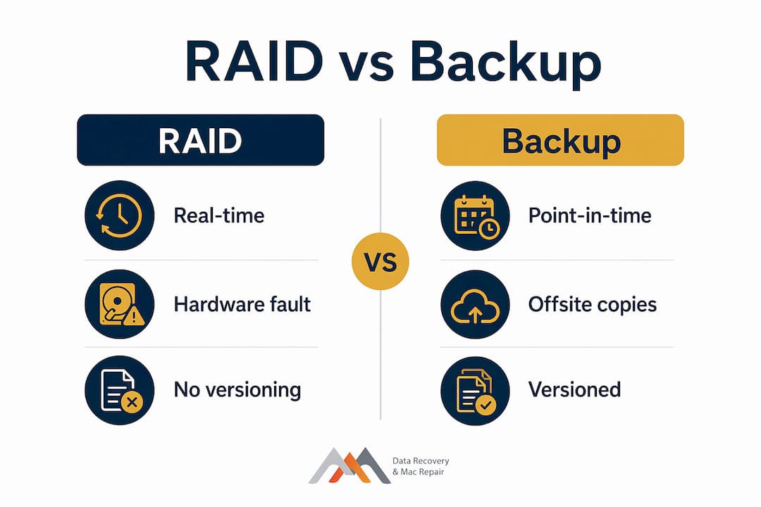 The Role of RAID in Data Backup: A Clear Guide 4 Infographic comparing RAID and backup features