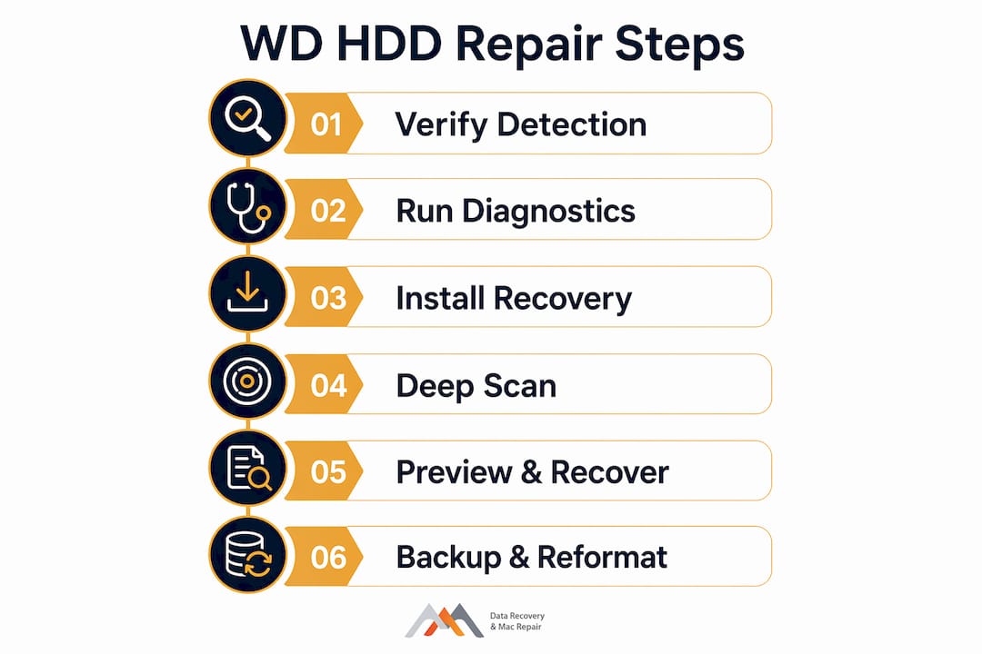 Step-by-step WD hard drive repair process infographic