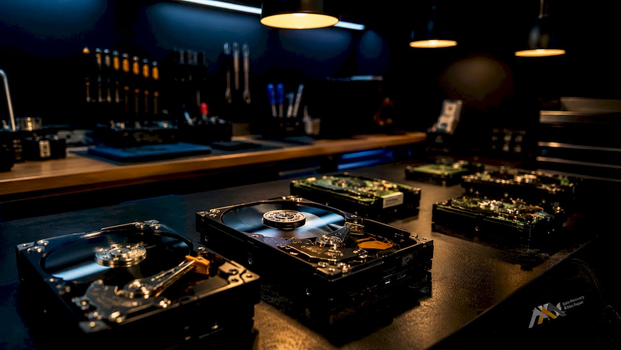 Mac Repair Industry Terminology: A 2026 Professional Guide 4 Overhead view of opened internal hard drives in lab