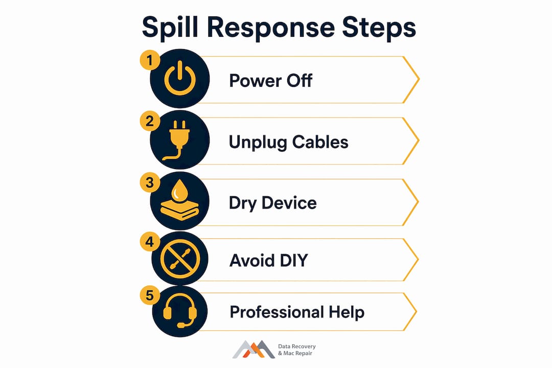 Infographic showing MacBook spill response steps
