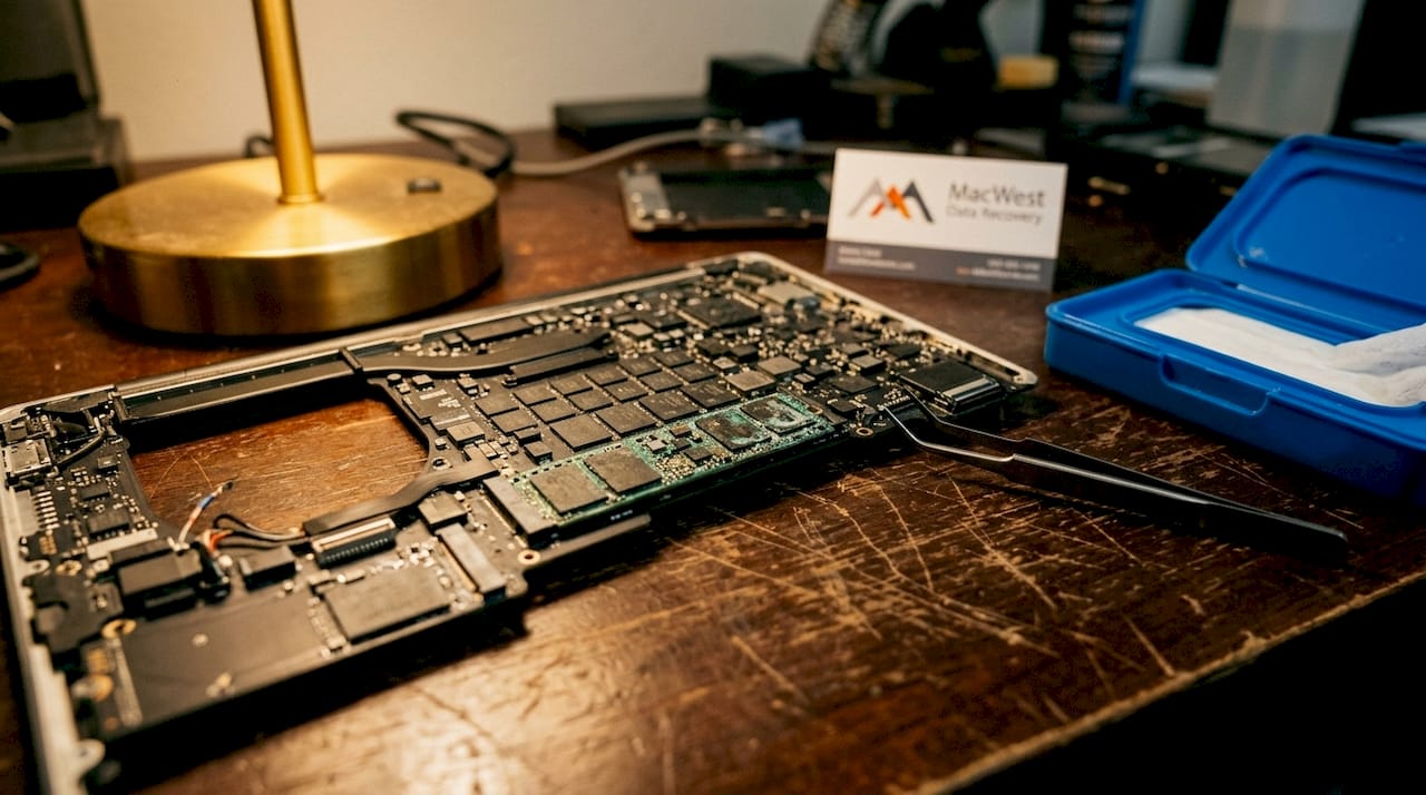 MacBook logic board with soldered SSD and tools