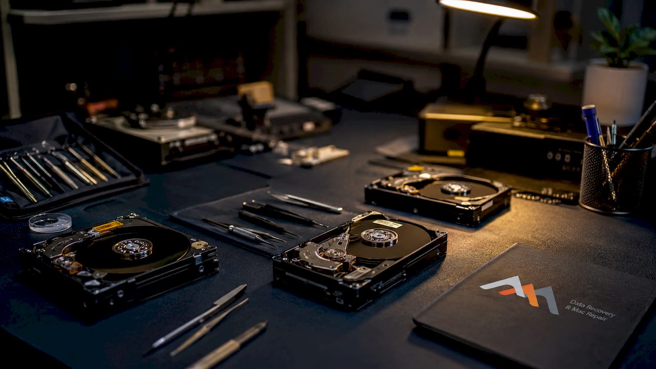 Benefits of Data Backup for Individuals and Small Businesses 3 Opened hard drives on a data recovery lab bench