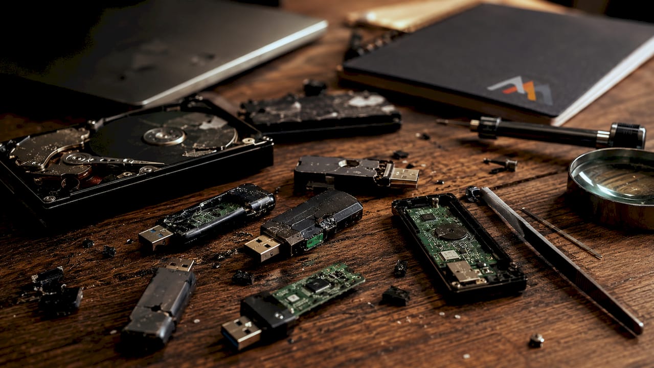 Top-down view of physically damaged USB drives and tools