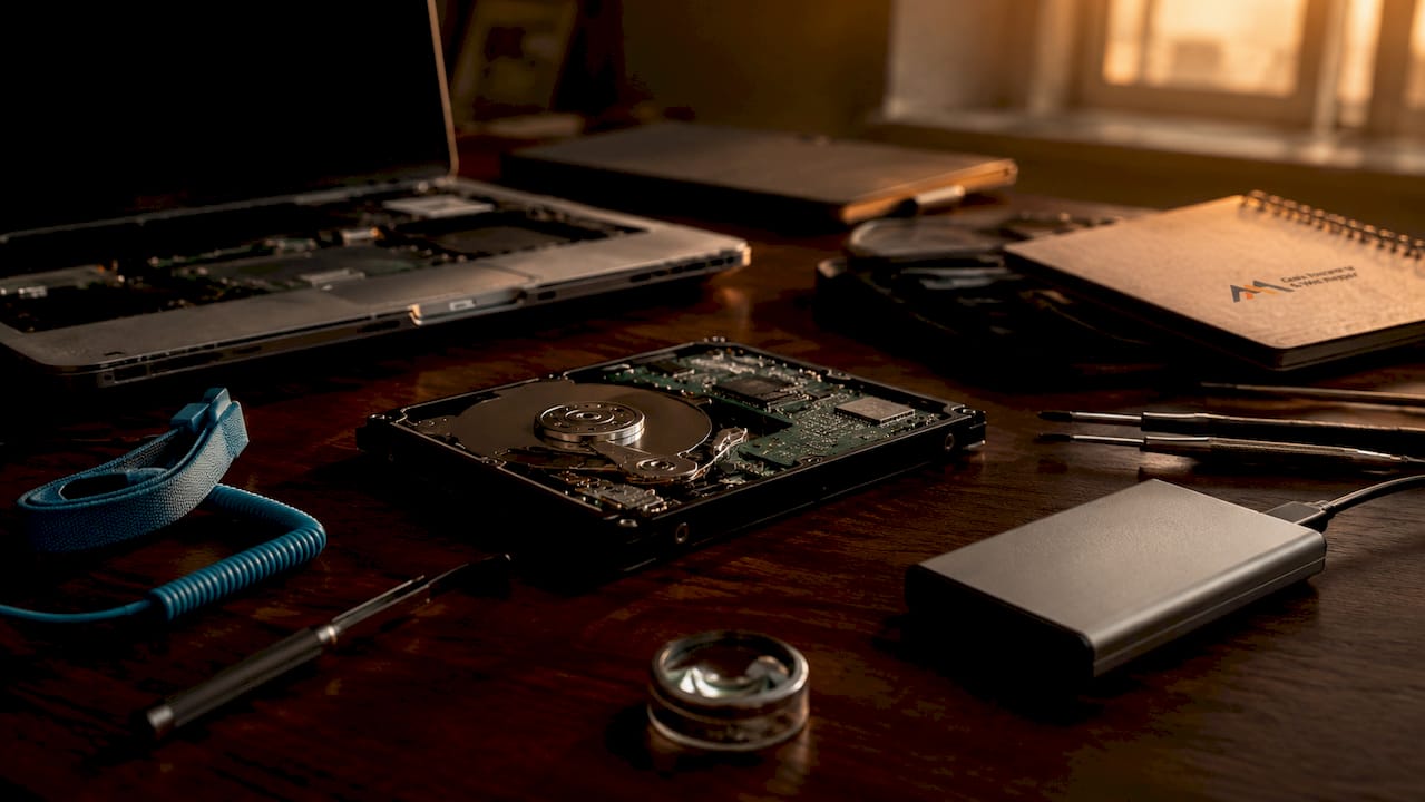 MacBook Hard Drive Cloning: What It Is and How It Works 3 Open MacBook hard drive with recovery tools on black surface