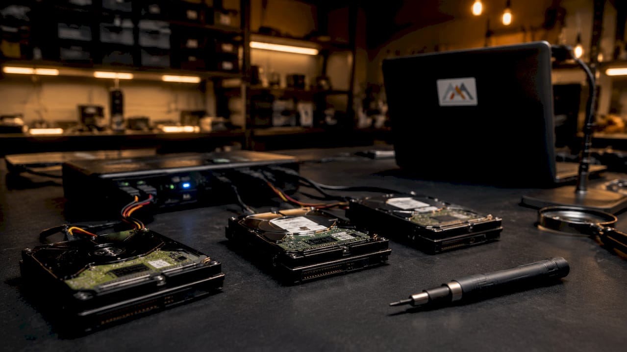 Hard drives connected to data recovery equipment