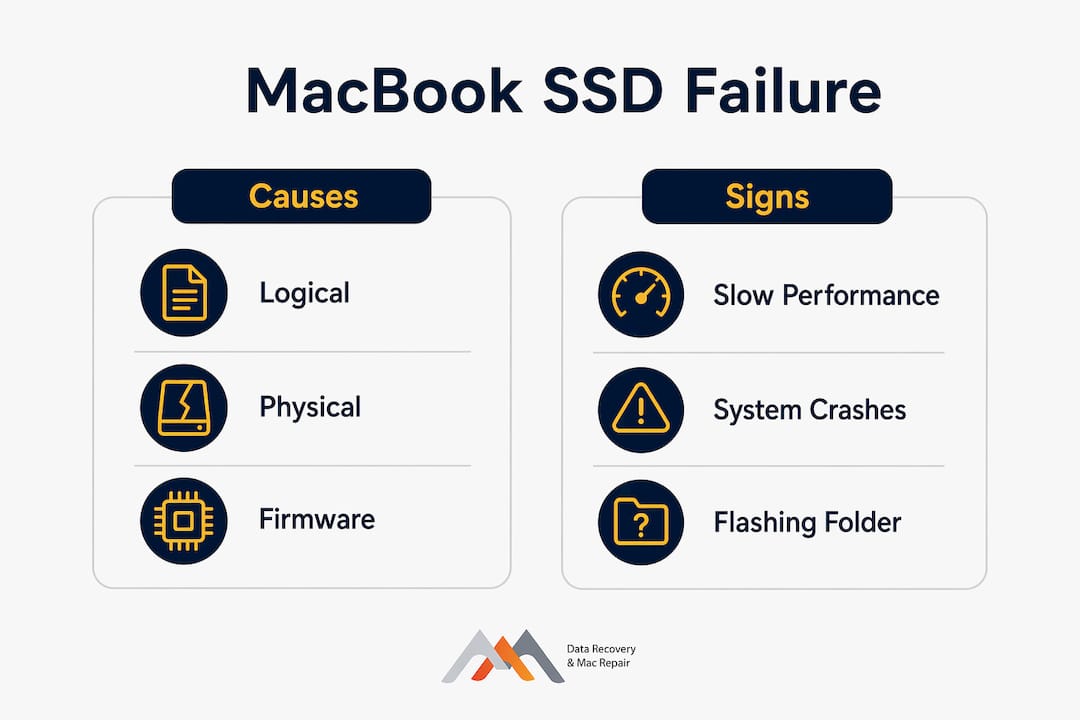 Infographic comparing causes and signs of MacBook SSD failure