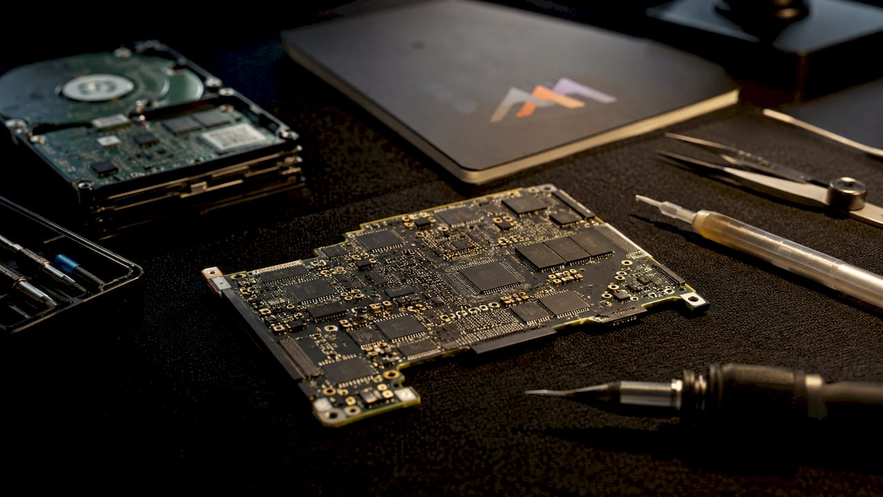 Close-up of Apple logic board with microsoldering tools