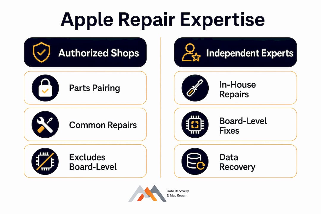 Infographic comparing authorized shops and independent experts in Apple repair