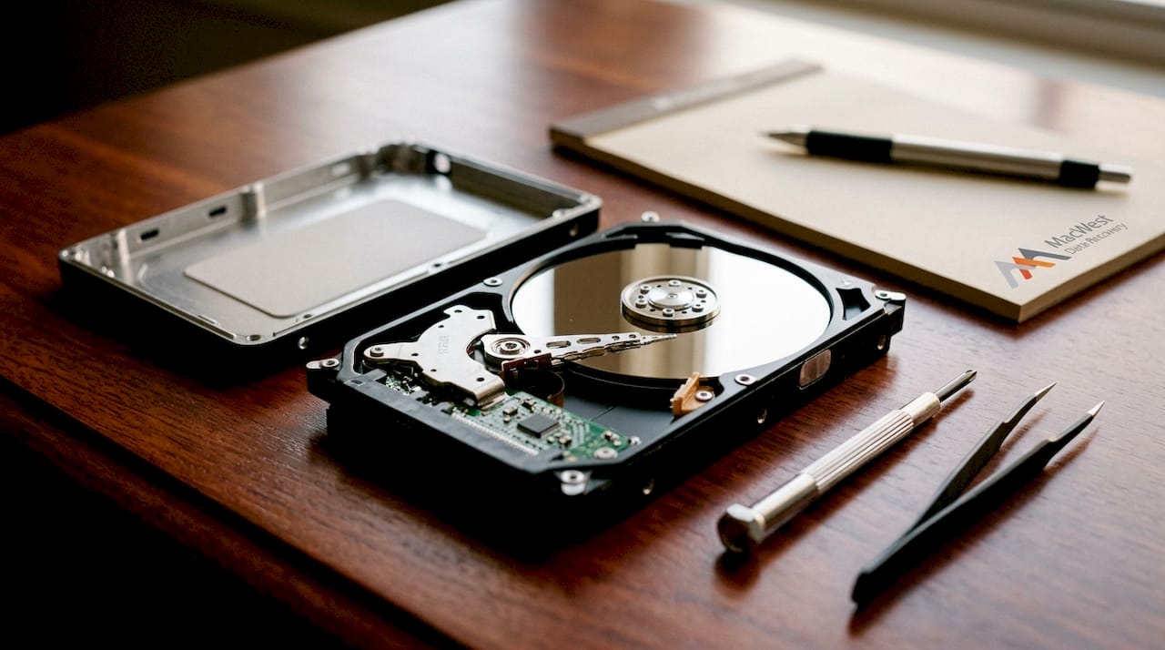 Disassembled portable hard drive parts on black surface