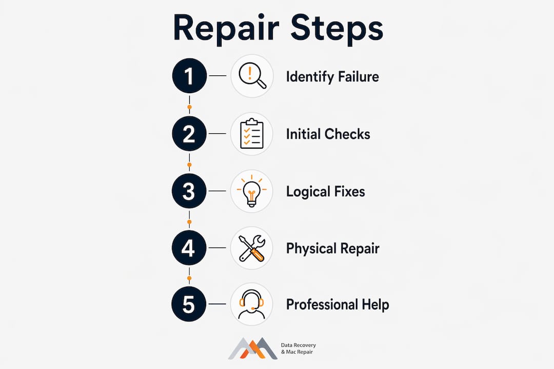 Infographic illustrating step-by-step hard drive repair process