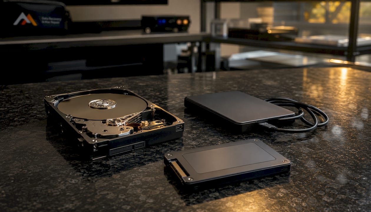 MacBook Data Transfer Service: What You Need to Know 3 Overhead view of various hard drives for data transfer and recovery