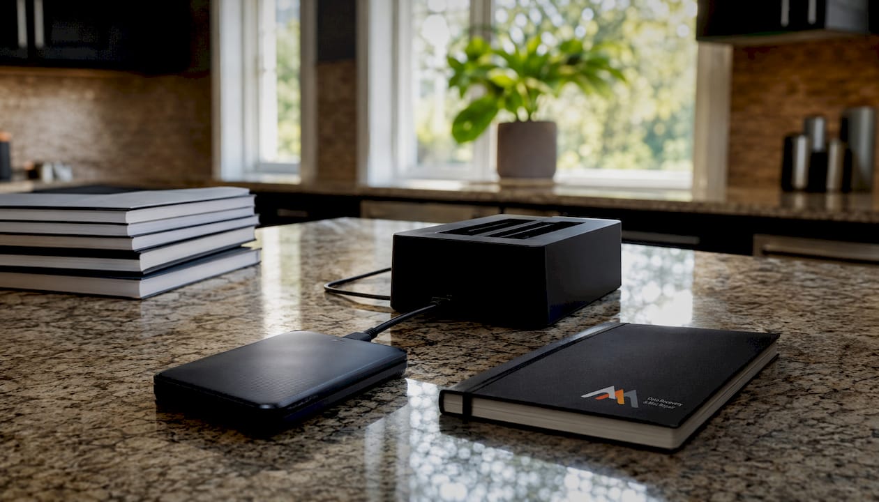 External hard drive connected on workstation desk