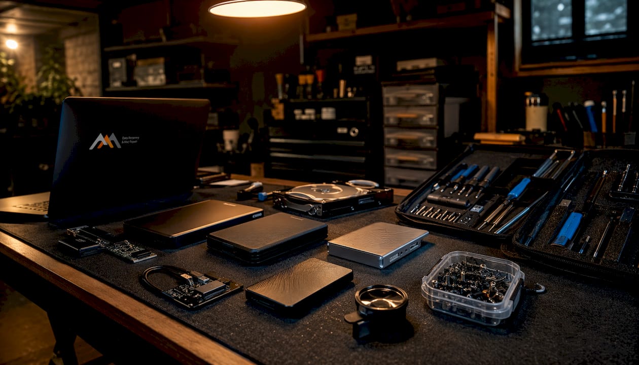 Repair workstation with hard drives and tools overhead view