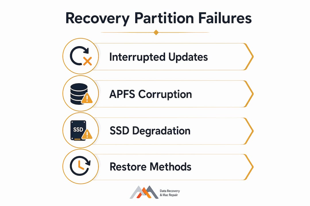 Infographic showing Mac recovery partition failure causes