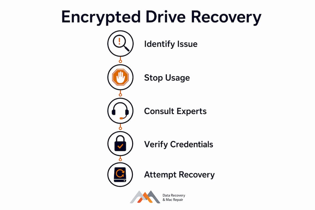 Why MacBook Encrypted Drives Complicate Data Recovery 3 Infographic showing encrypted drive recovery step flow