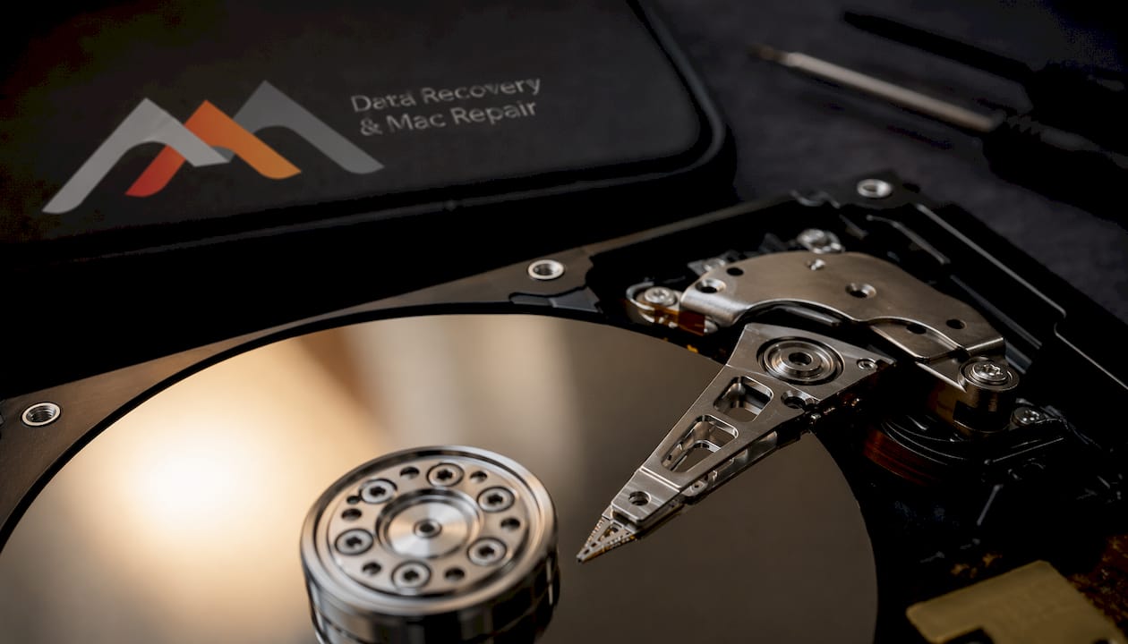 Close-up of open hard drive platters and read/write head