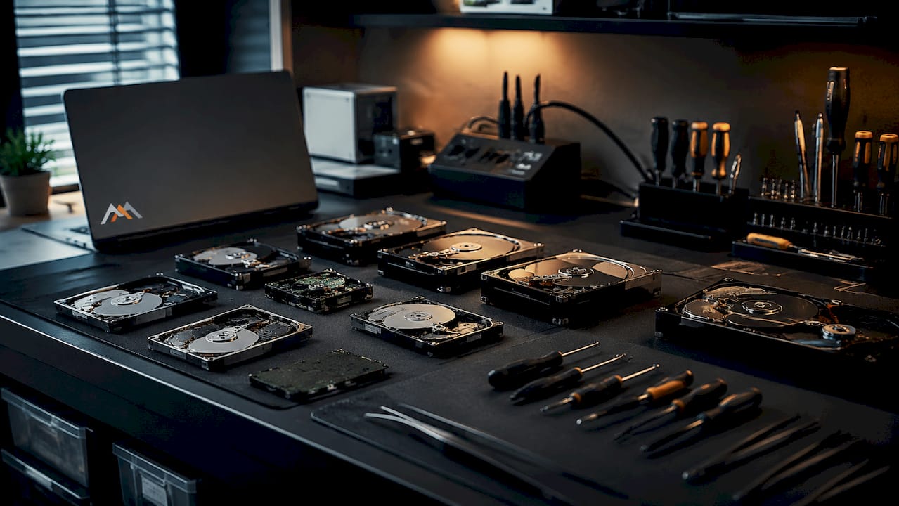 Data Recovery Triage: A 2026 Guide for IT Professionals 3 Hard drives and diagnostic tools on lab table