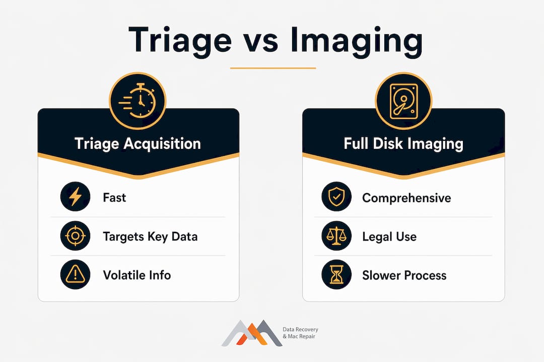 Data Recovery Triage: A 2026 Guide for IT Professionals 4 Infographic comparing data triage and full disk imaging