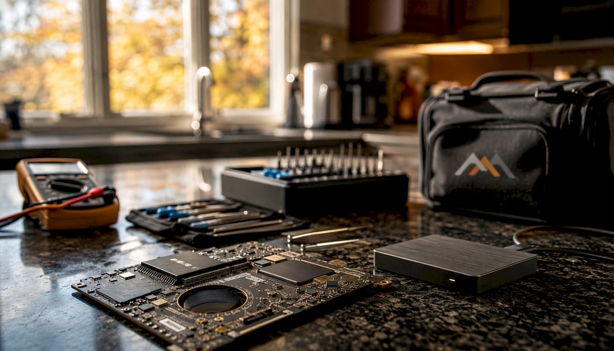 Overhead view of MacBook logic board and data recovery tools