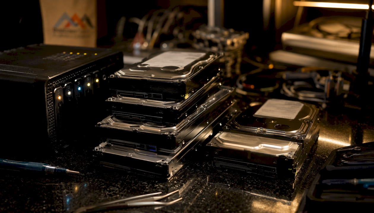Close-up of hard drives in RAID array server rack