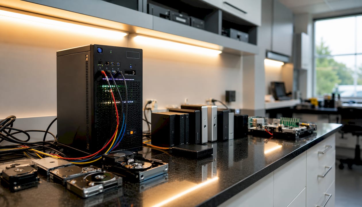 SAN rack and external hard drives in recovery lab