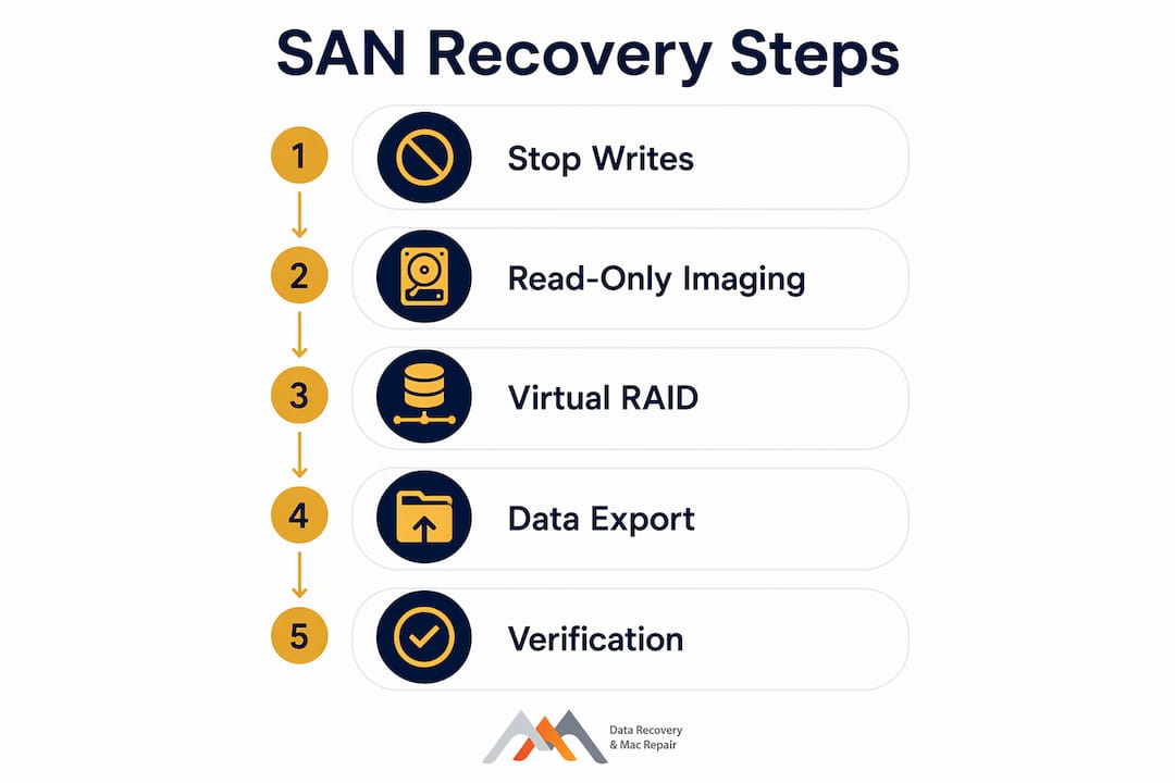 Infographic showing SAN data recovery process steps