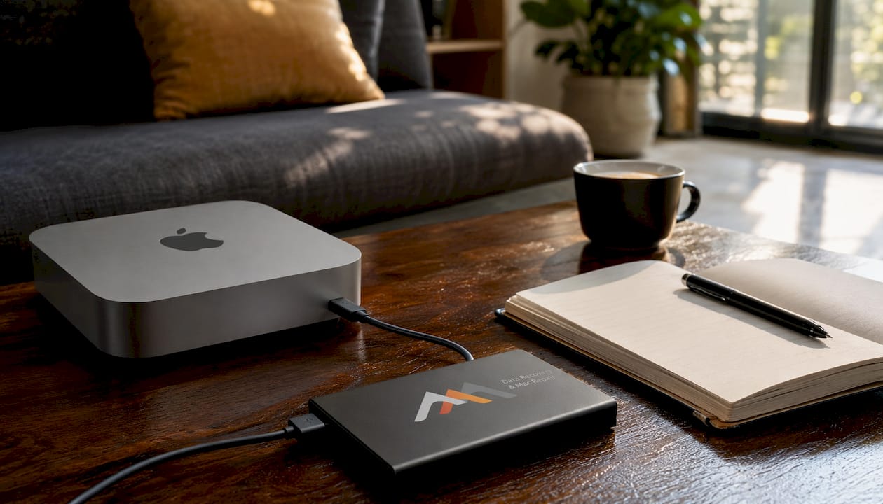Mac mini with external hard drive on white desk