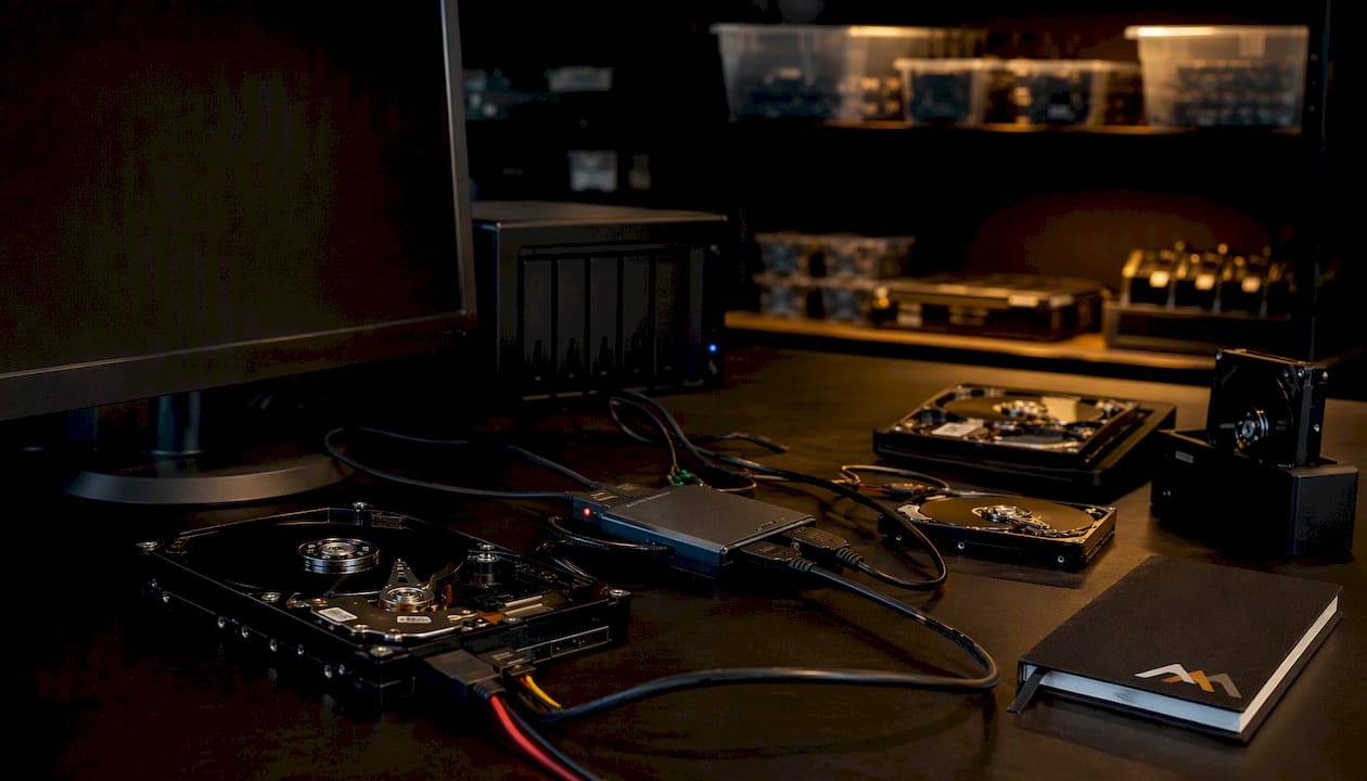 Professional Data Recovery in Los Angeles: 2026 Guide 3 Data recovery diagnostic setup with opened hard drives