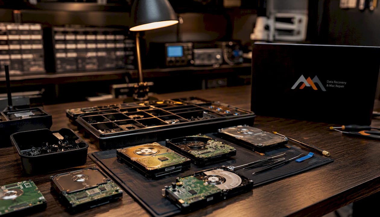 Professional Data Recovery in Los Angeles: 2026 Guide 4 Overhead view of organized hard drives in recovery lab