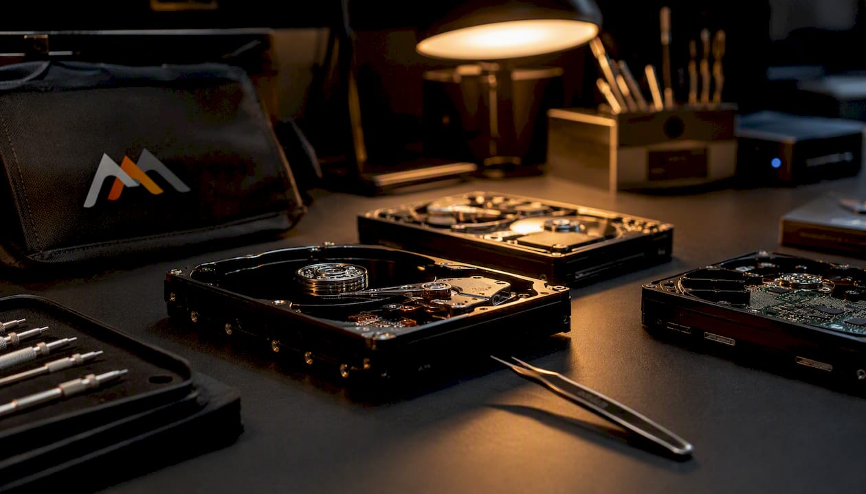 GroupMicro.com Alternatives: Best LA Data Recovery Picks 4 Top-down of opened hard drive components on desk