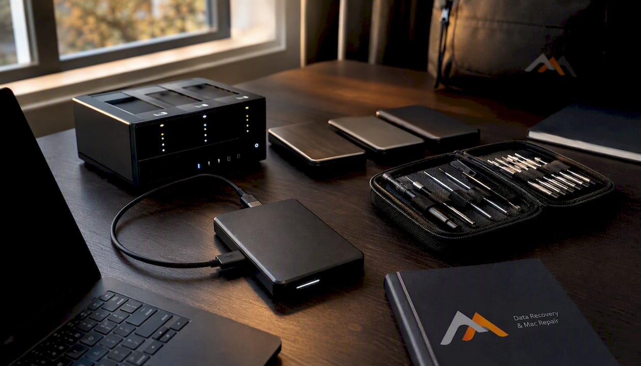thebestmacbookrepair.com Alternatives: Best US Mac Repair Options 3 External hard drives and recovery devices on desk