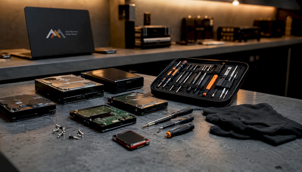 Worktable with hard drives and recovery tools