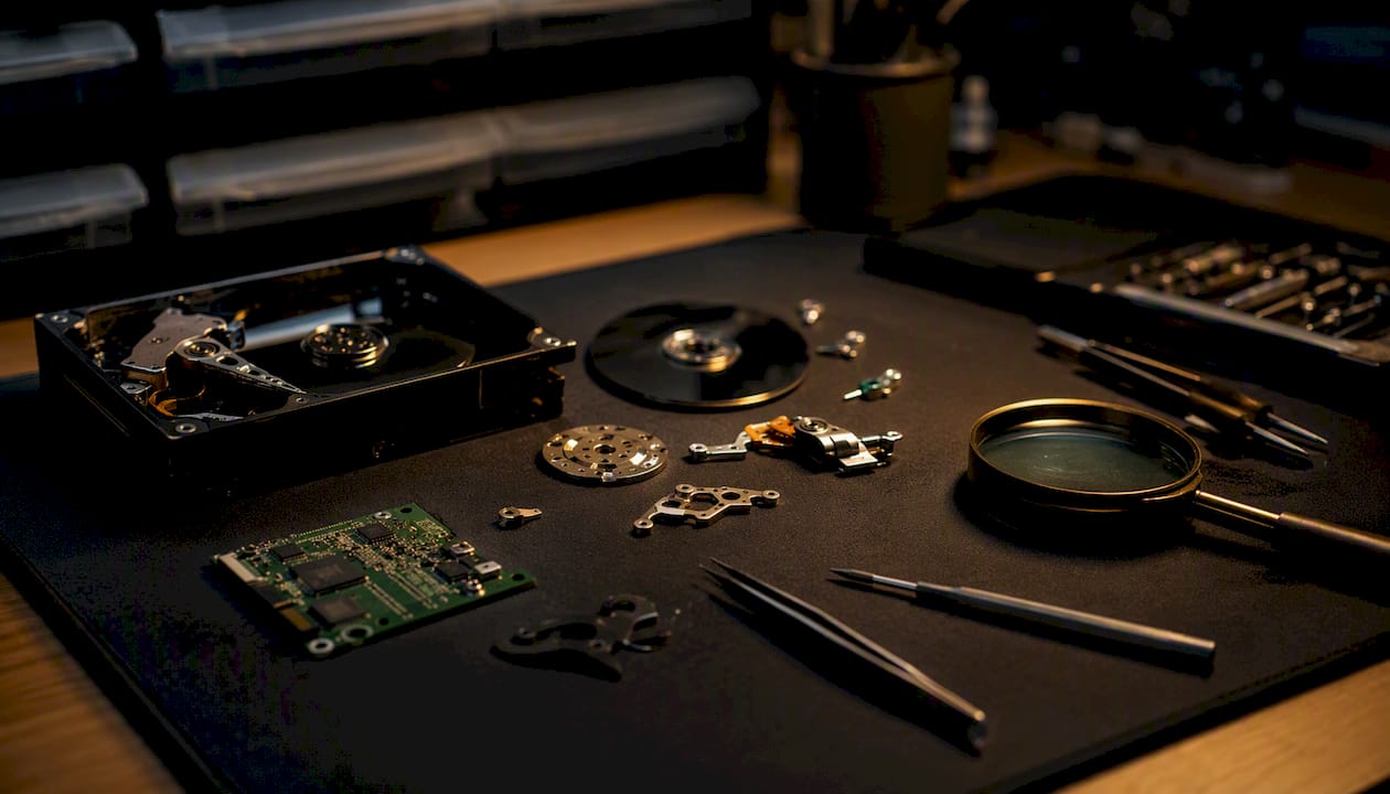 MacFixLA Alternatives in Los Angeles: Top Mac Repair Options 4 Disassembled hard drive parts on bench