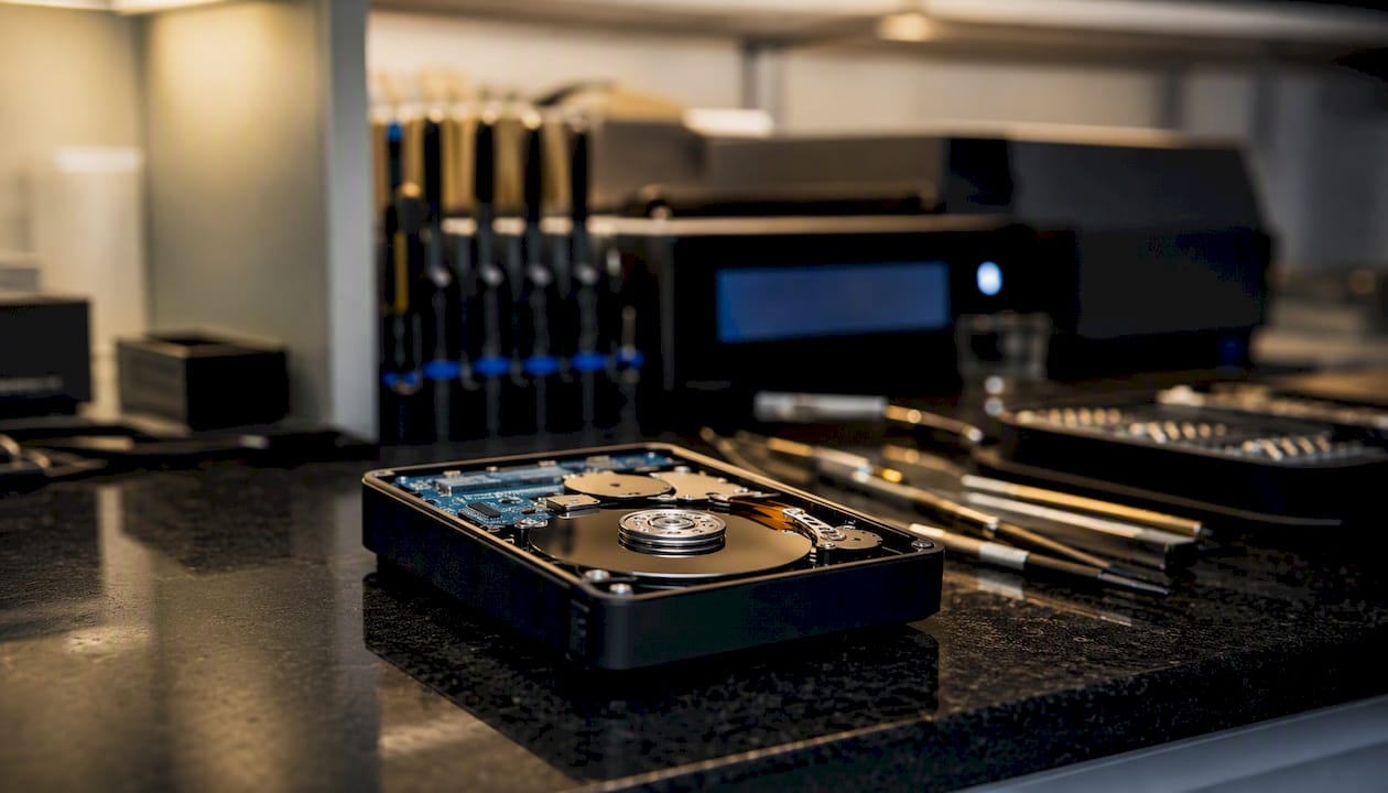Clicking Hard Drive Recovery: Stop, Image, and Recover 4 Close-up of hard drive repair bench with tools