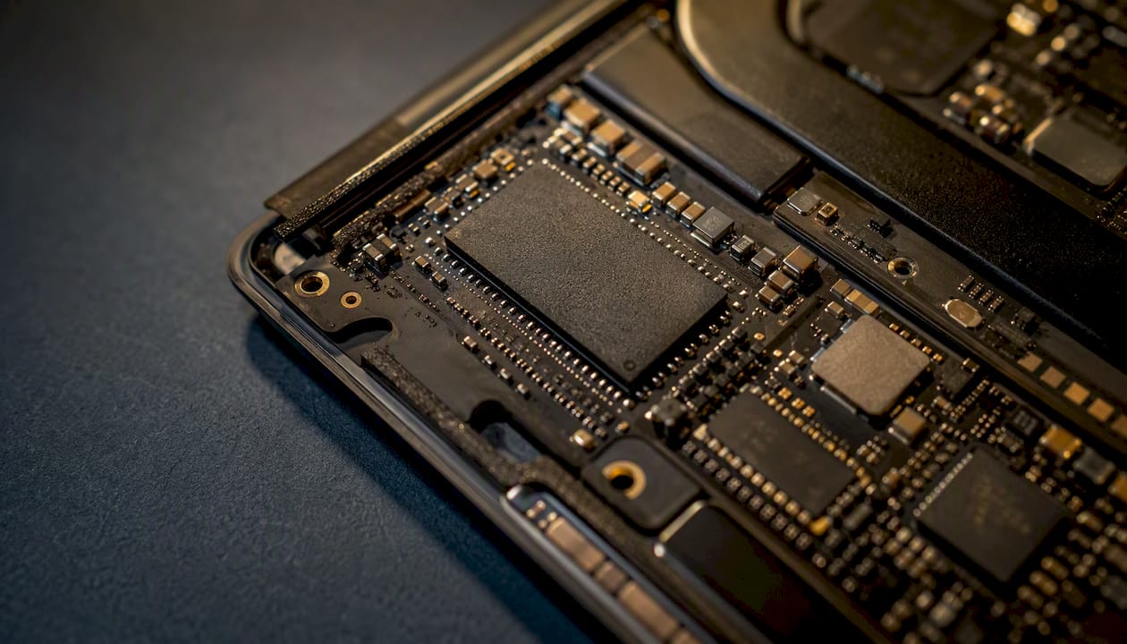 Close-up of soldered SSD chip on Mac logic board