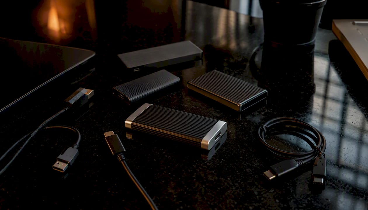 NVMe SSD enclosures on black professional desk