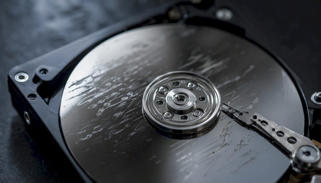 Data Recovery Turnaround Time: Realistic Timelines Explained 3 Close-up of scratched hard drive platter