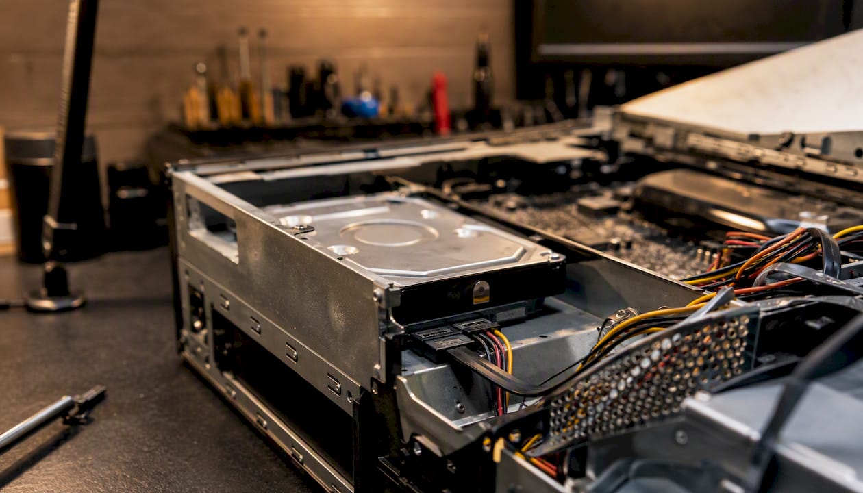 Internal hard drive with connected SATA and power cables