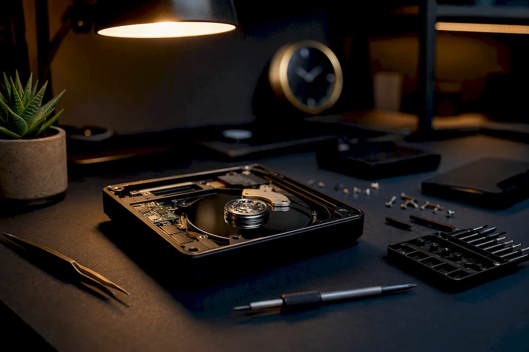 Opened external hard drive showing internal parts