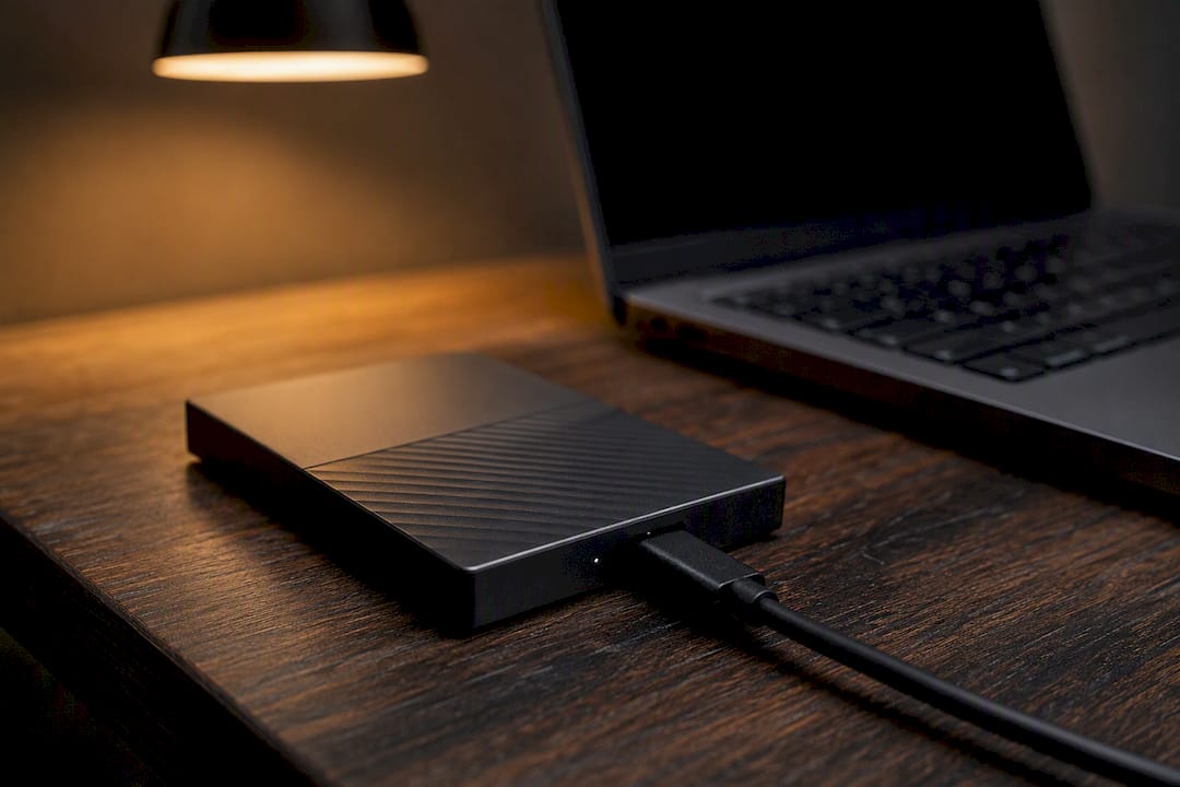 External SSD device on desk with Mac keyboard