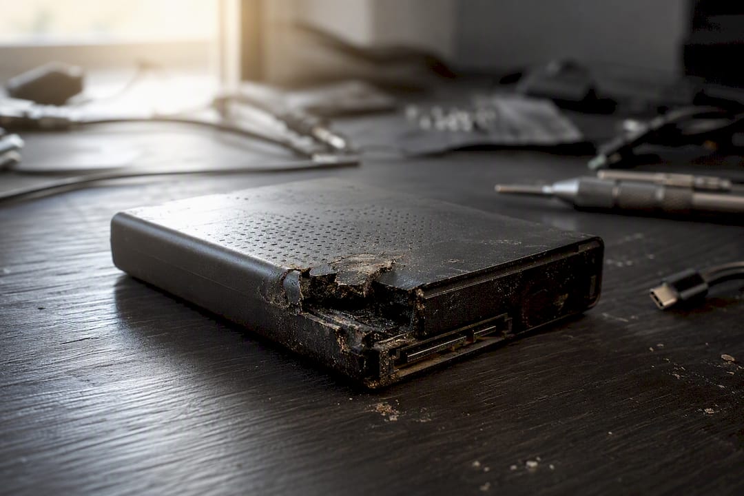 Damaged external hard drive on repair bench