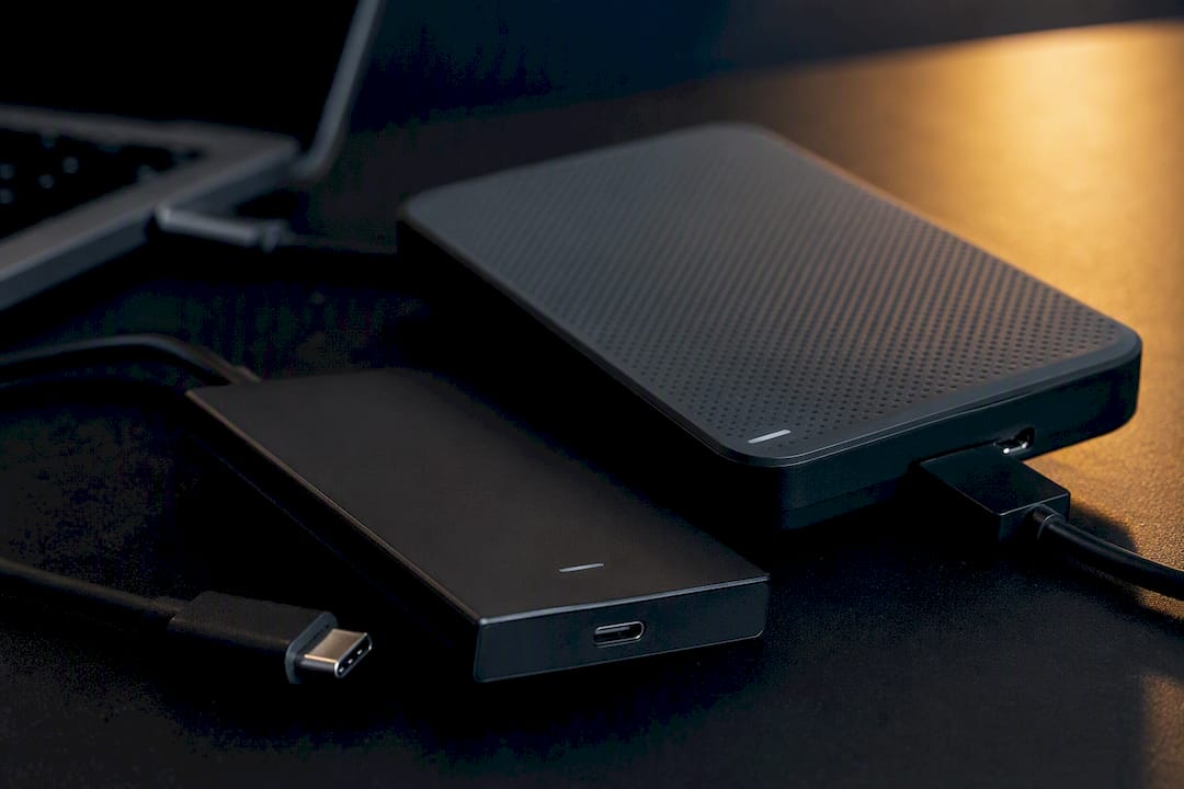 External SSD and HDD backup devices on workspace