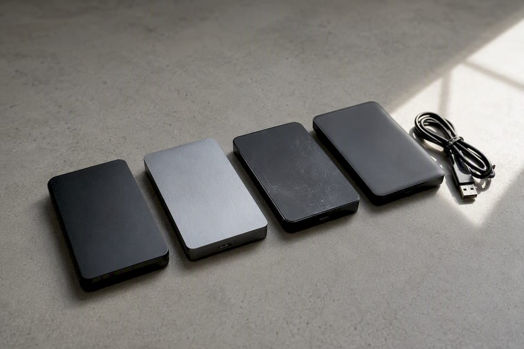 Closed external hard drives on wooden desk