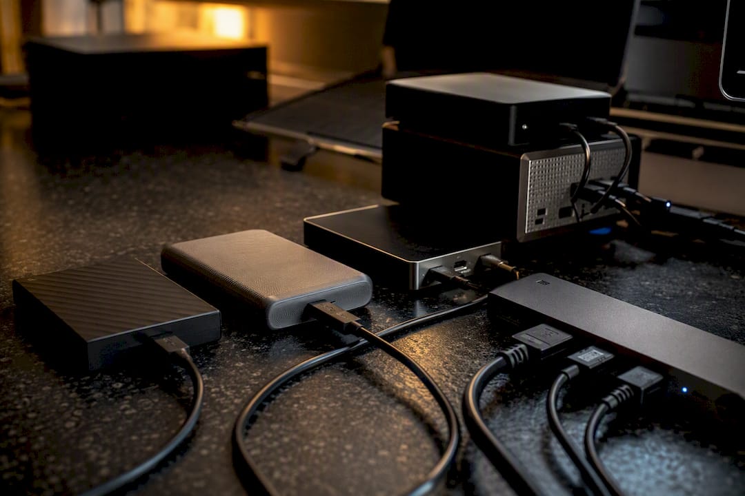 Close-up of external hard drives and USB hub