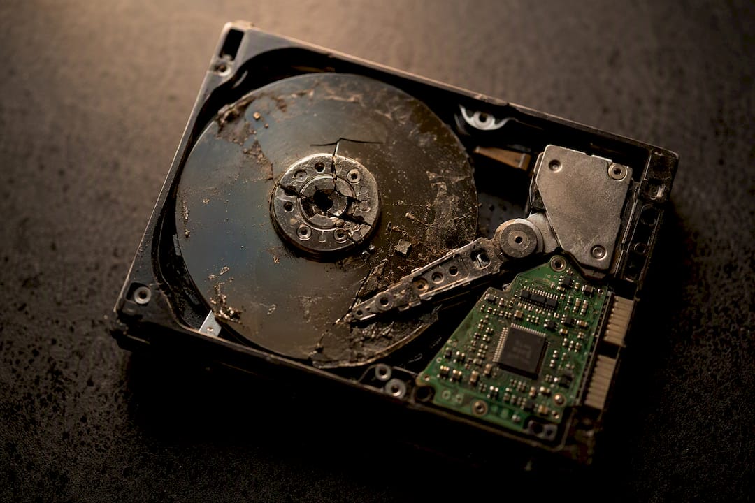 Opened external hard drive with damaged components