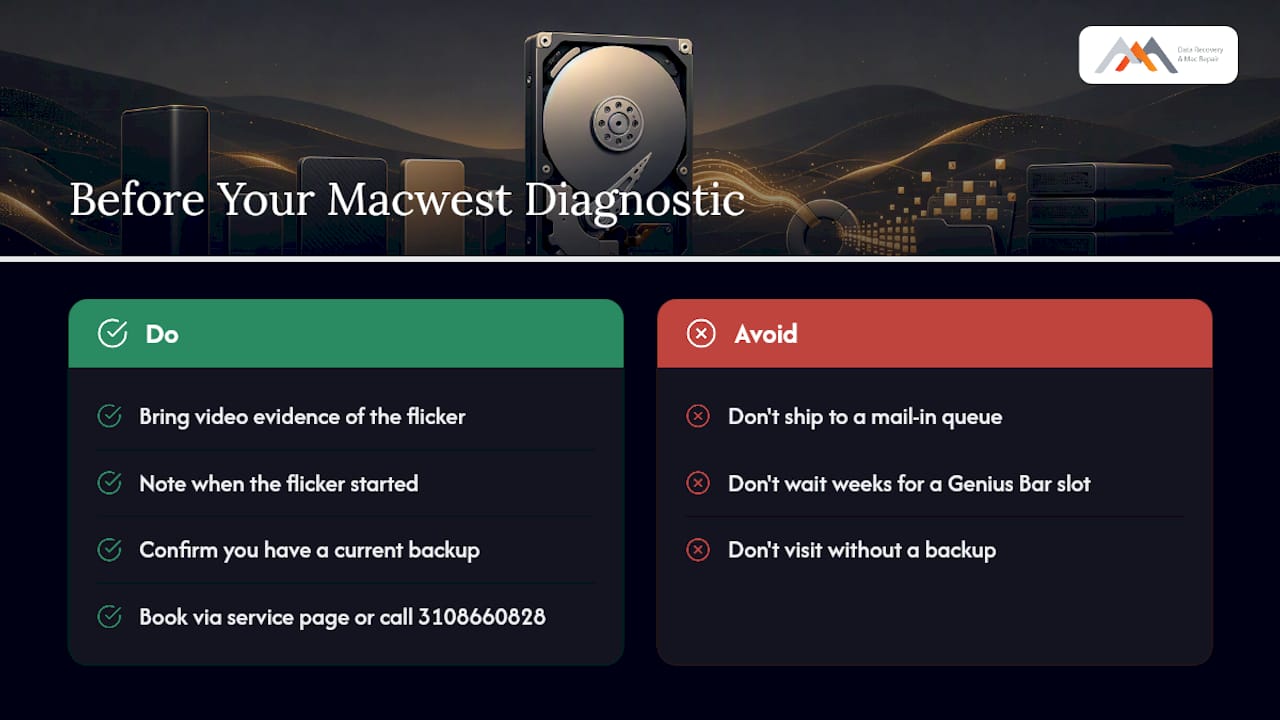 Diagnose iMac Screen Flicker in 20 Minutes, Los Angeles Owners 3 Book a Same-Day iMac Diagnostic With Macwest — overview diagram